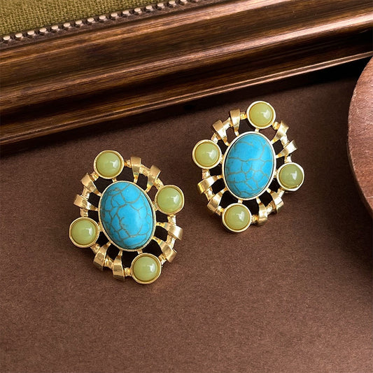 Retro Artistic Turquoise Earrings For Women Synthetic Stone Stud Earrings Vintage Bold Jewelry Gift