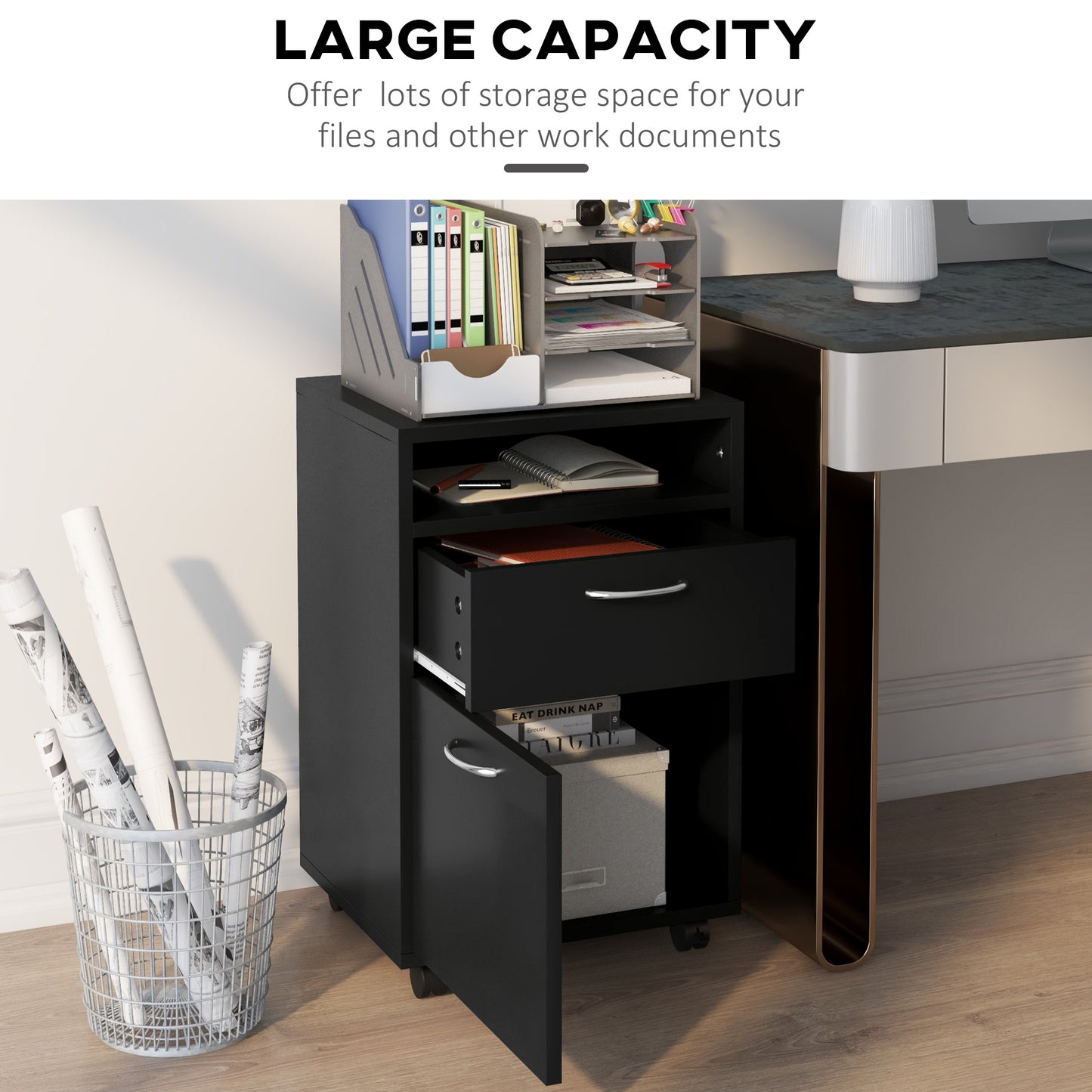 60cm Filing Cabinet With Drawer, Open Shelf, Metal Handles And 4 Wheels, Office Home Organiser Mobile Printer, Black