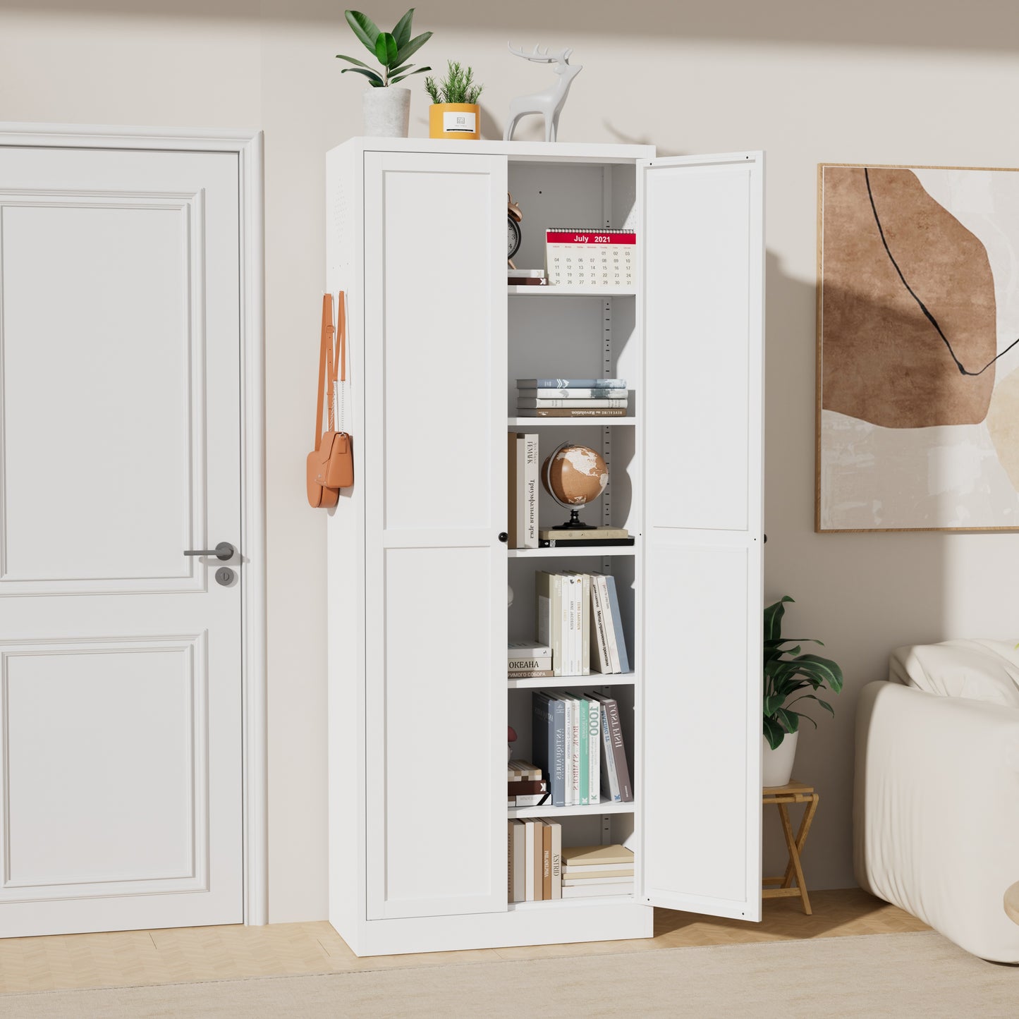 72  White Metal Kitchen Pantry Cabinet With Doors, Heavy-Duty Freestanding Storage Organizer With 5 Adjustable Shelves, Tool-Free Assembly For Pantry, Kitchen, Bathroom