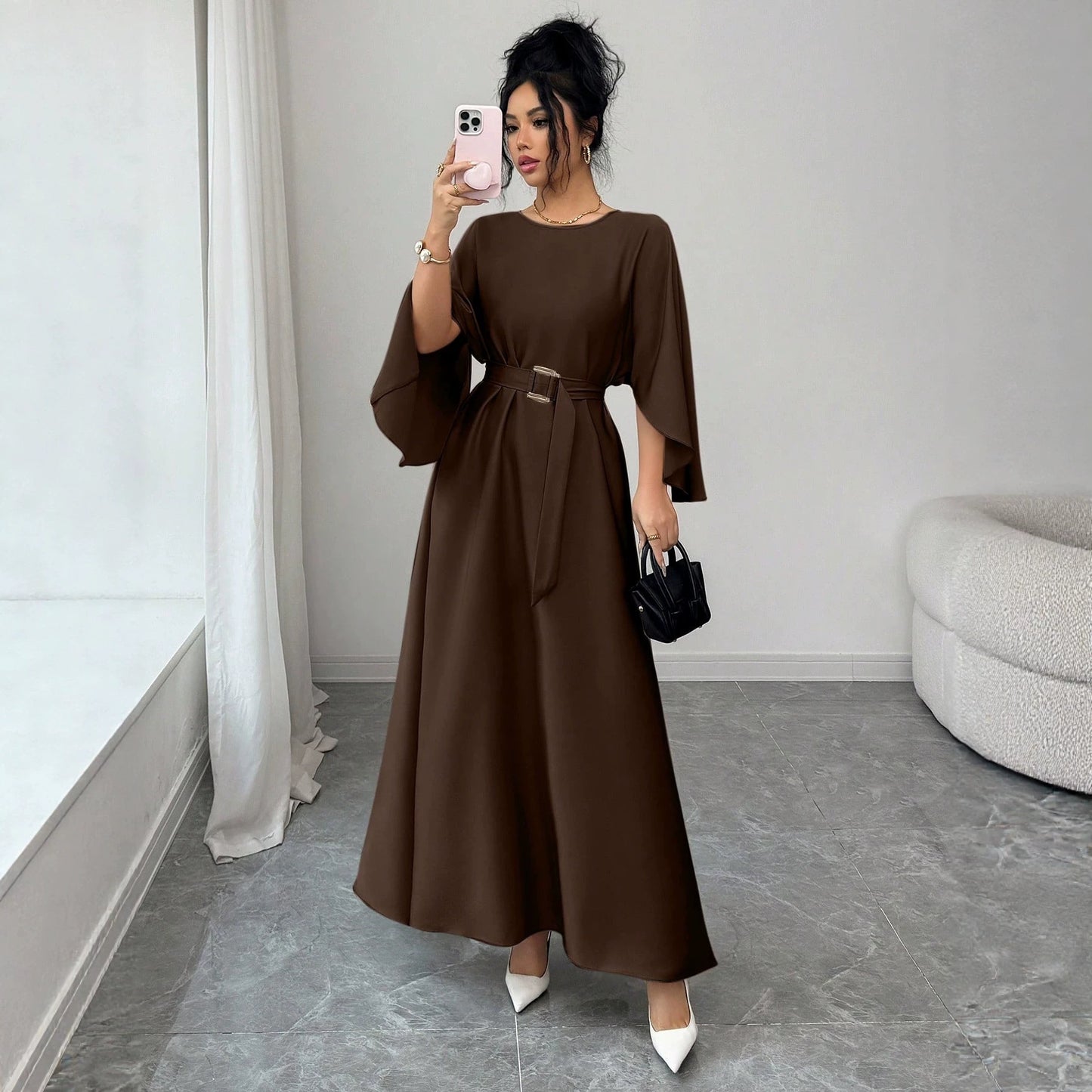 Womens Fashion Round-Neck Defined-Waistline Lace-Up Dress