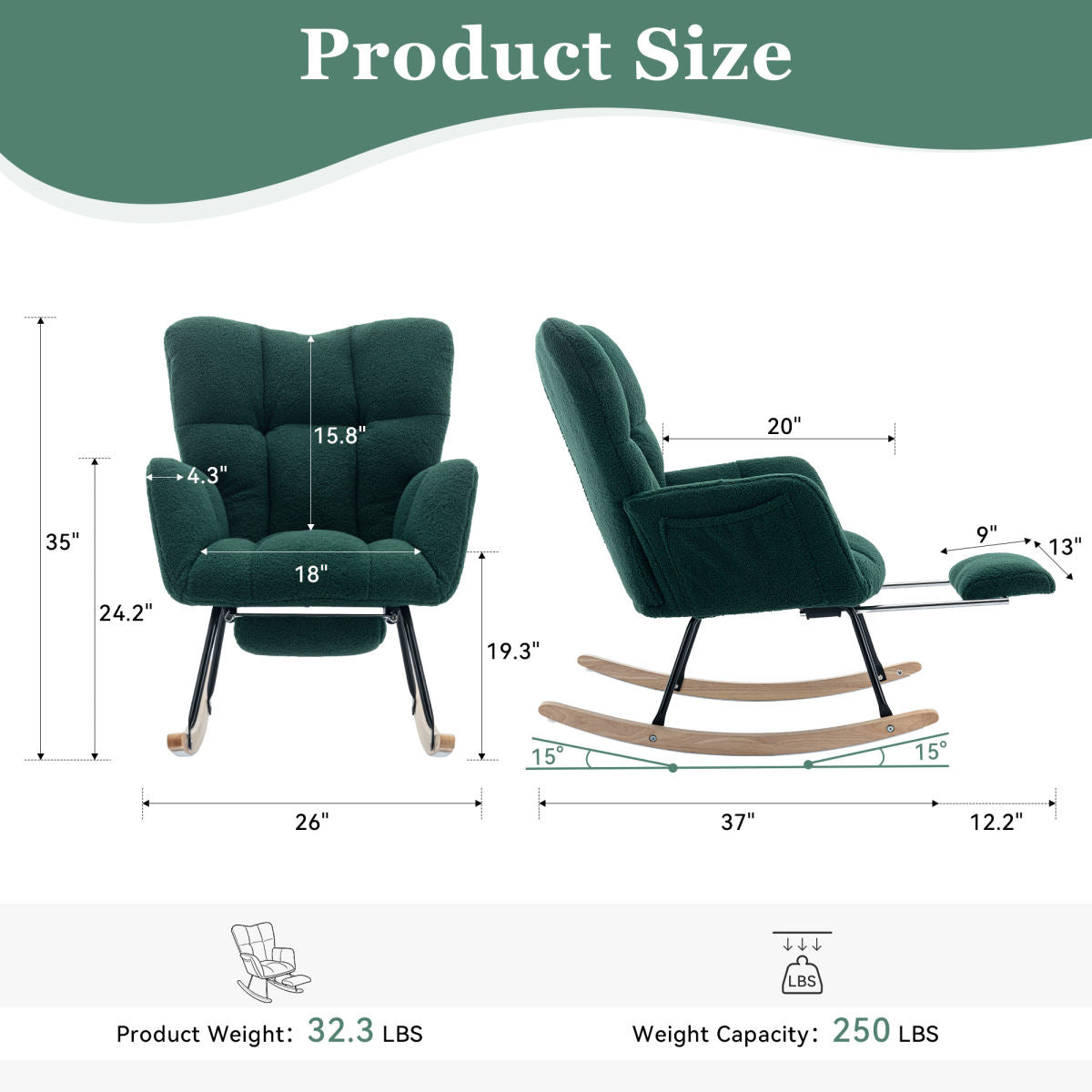 067-Teddy Fabric Leisure Rocking Chair With Adjustable Footstool,Nursery Rocking Chair, High Backrest, Storage Pocket On The Right Side,The Base Rocker Is Solid Wood And Metal,Green