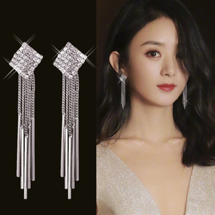 1 Pair 999 Sterling Silver Full Diamond Square Long Tassel Drop Earrings, Sparkly & Elegant, Perfect For Daily, Dating & Parties, Ideal Valentine's Gift