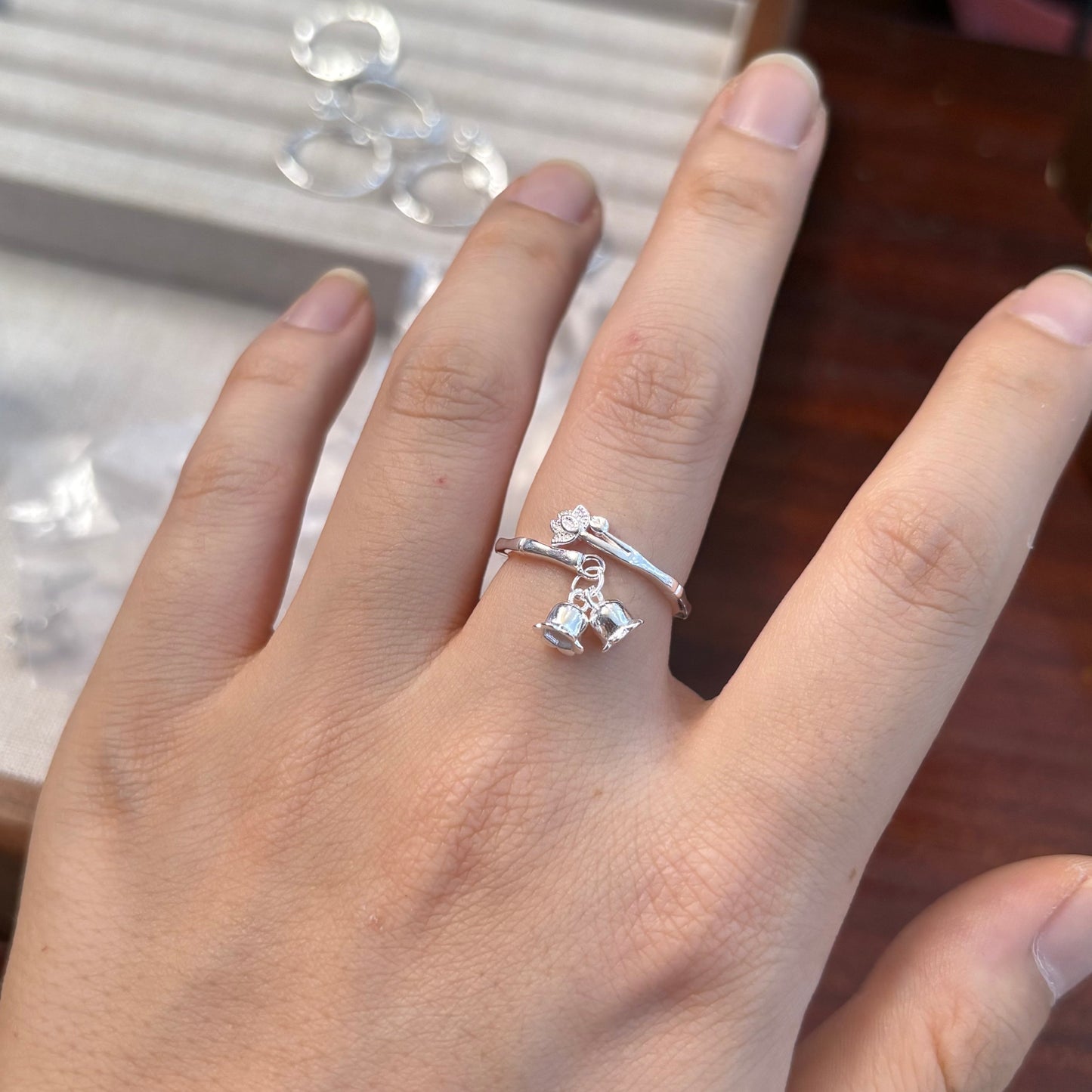 1pc 999 Sterling Silver Bamboo & Lily Of The Valley Charm Open Ring, Fresh Chinese Style, Perfect For Daily & Valentine's Gift