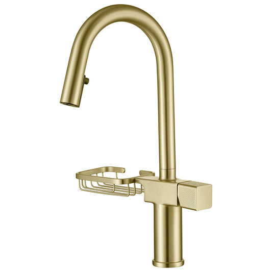 High Arc Pull-Down Kitchen Faucet - Single Hole Stainless Steel, Modern Sink Faucet  Brushed Gold