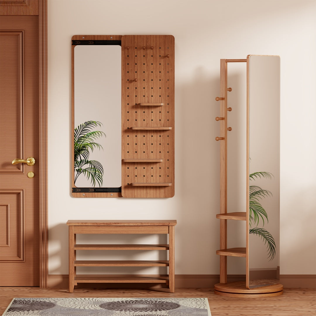Wall Mounted Full Length Mirror, Full Body Mirror With Shelf, Full Body Mirror With Hook Wall Mounted Mirror With Multifunctional Design Panel, Bedroom Living Room Entrance Cherry 47.6x15.7in