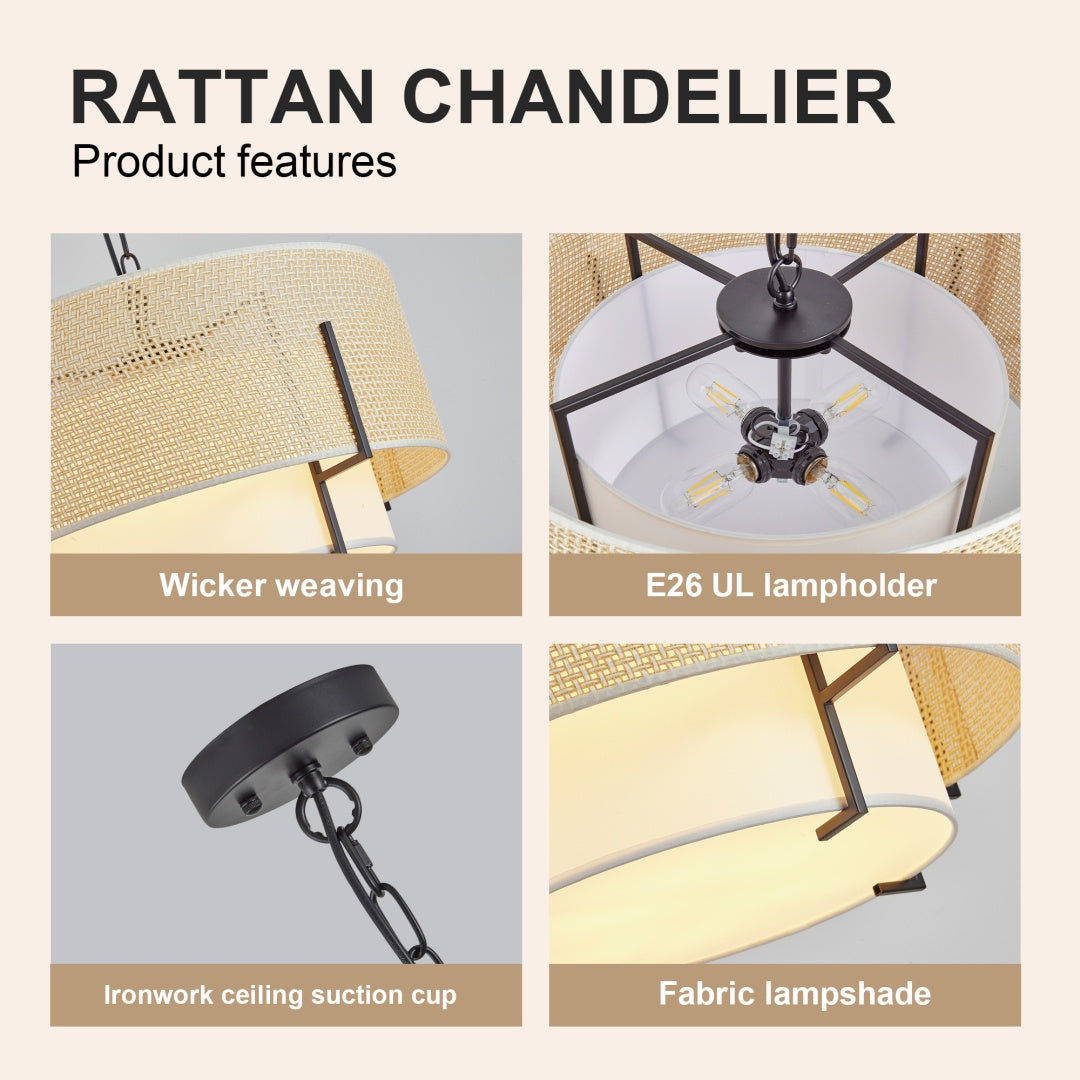 19.7in  Farmhouse Boho Chandelier,4-Light Hand Woven Rattan Pendant Light With Fabric Shade Rustic Drum Chandelier For Dining Room Kitchen Bedroom Foyer Entryway Living Room Bulb Is Not Including