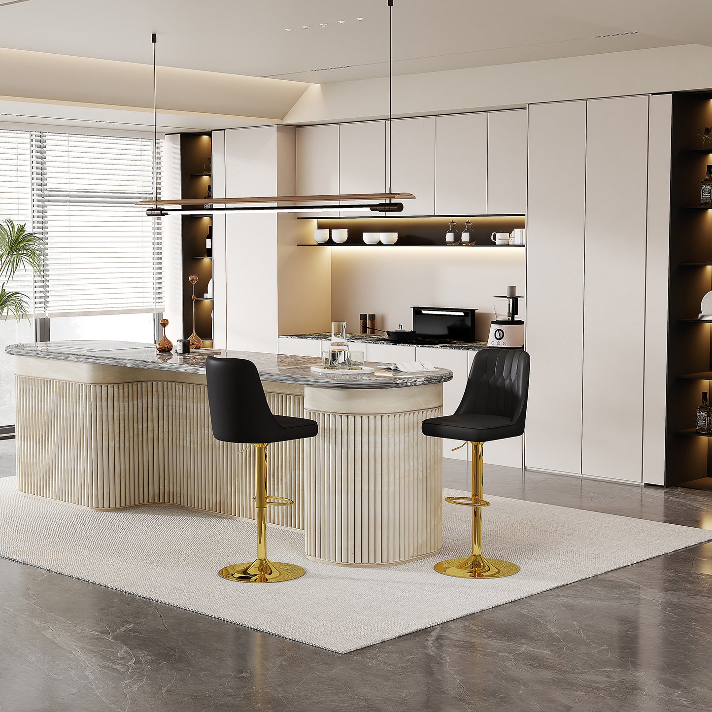 Height-adjustable Bar Stool In Set Of 2, 360  Swivel, Backrest With Black PU Leather And Quilted Pattern, Legs Made Of Golden Metal. Suitable For Kitchen Islands And Bar Counters.