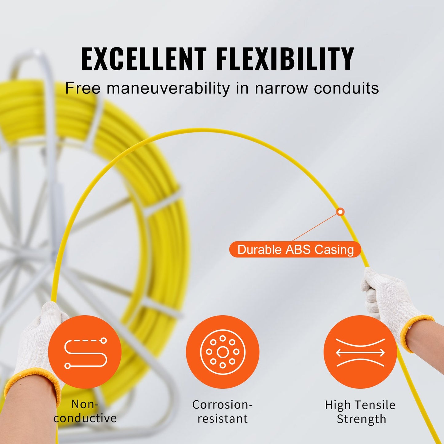 Fish Tape Fiberglass, 656 Ft, 1/4 Inch, Duct Rodder Fishtape Wire Puller, Cable Running Rod With Steel Reel Stand, 3 Pulling Heads, Fishing Tools For Walls And Electrical Conduit, Non-Conductive