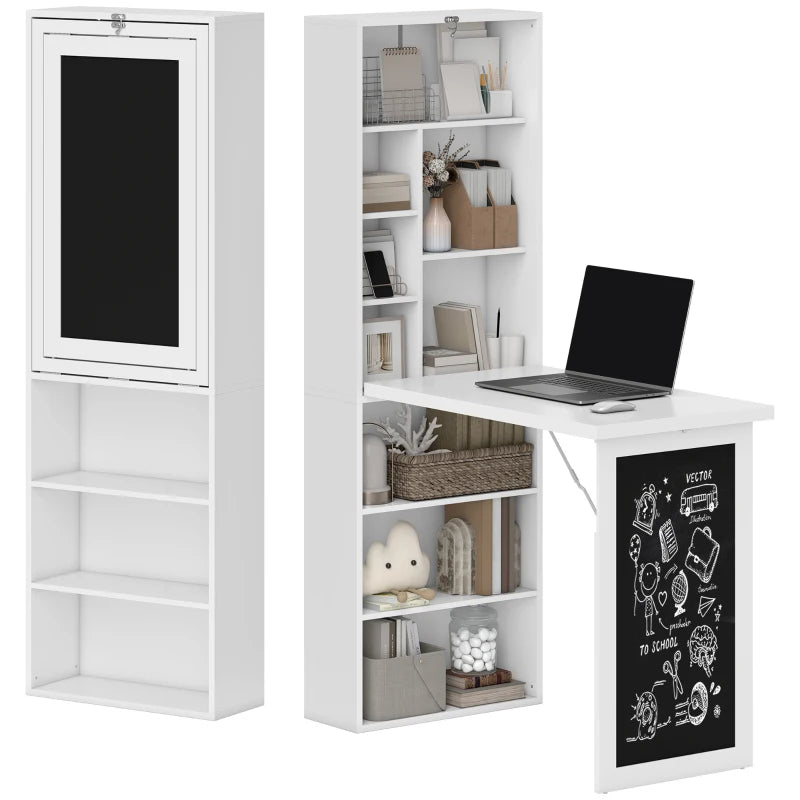 Fold-out Convertible Office Desk, Wall Mount Computer Desk With Blackboard And Side Shelf, White