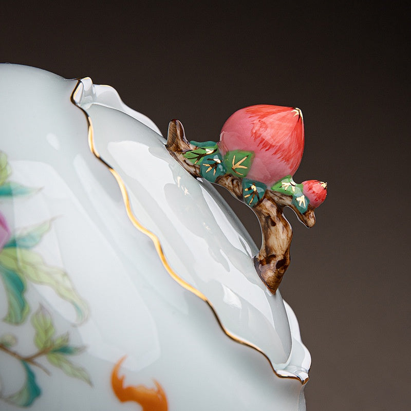 Large Peach-shaped Tea Caddy In Pastel Colors Hand-Painted Longevity Peach Design Decorative Tea Container