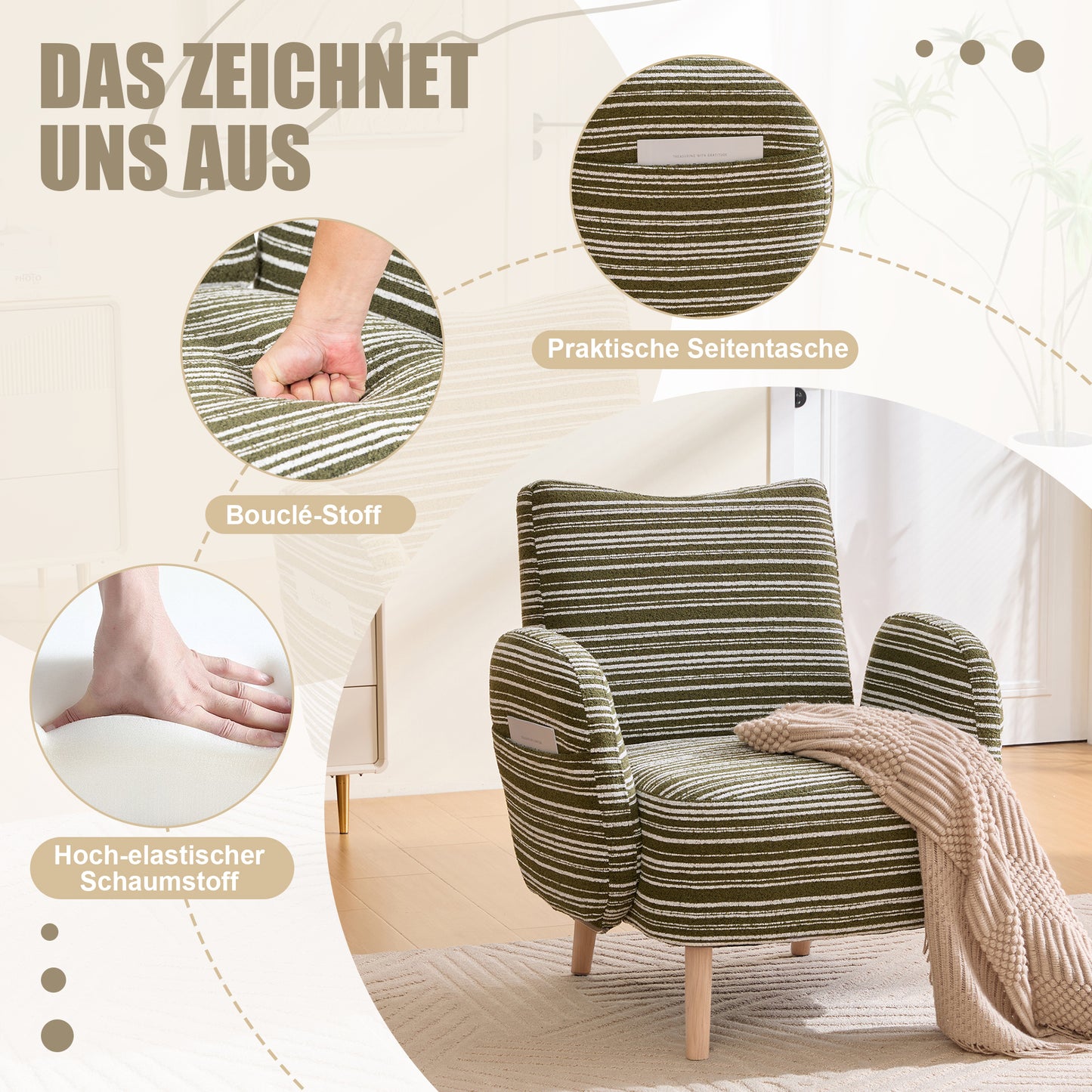 Modern Armchair, Fabric With Circle Pattern, With Side Pocket, Solid Wood Legs, Comfortable Reading Chair, Living Room, Bedroom, Office Olive Green Boucle