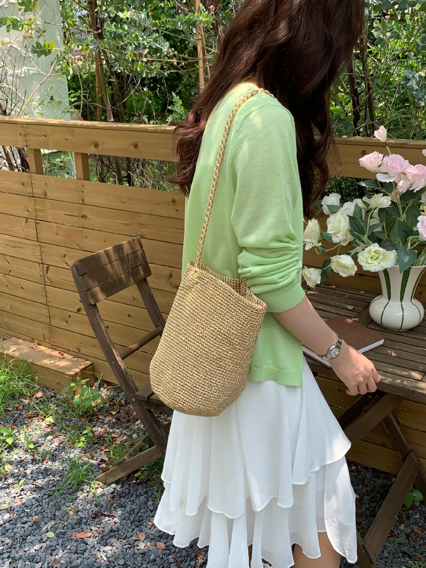 Korean-style Red Handmade Woven Bucket Bag For Women
