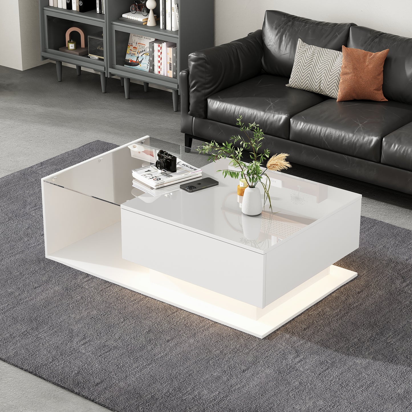 High Gloss White Coffee Table 100x50x32 Cm - With Glass Top And Drawers, Scratch-resistant, With 1 Drawer, With LED Lighting, Modern Style