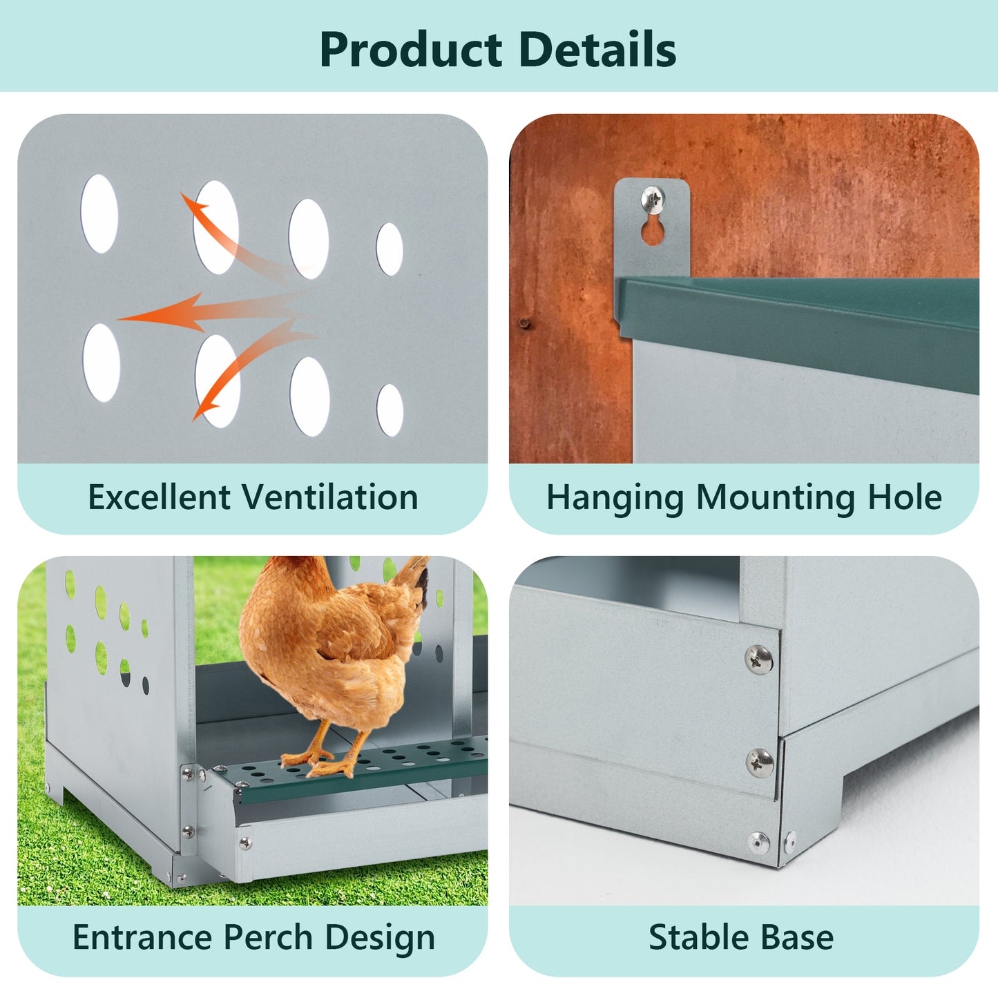 10-Bay Metal Nest Box-Wall Mount For Hens Ducks, Easy Egg  Assembly, Vented Galvanized Steel Coop Equipment Grenn