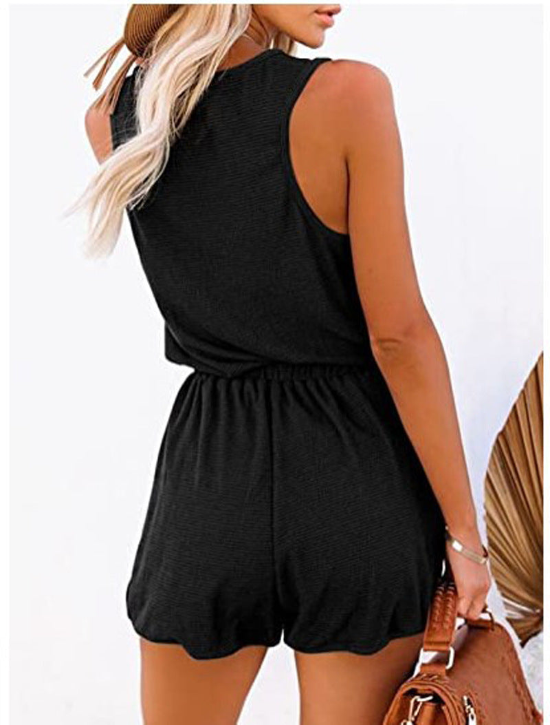 Women's Casual Sleeveless Button Down Romper With Drawstring Waist & Pockets, Loose Fit Jumpsuit Shorts For Loungewear & Outdoor