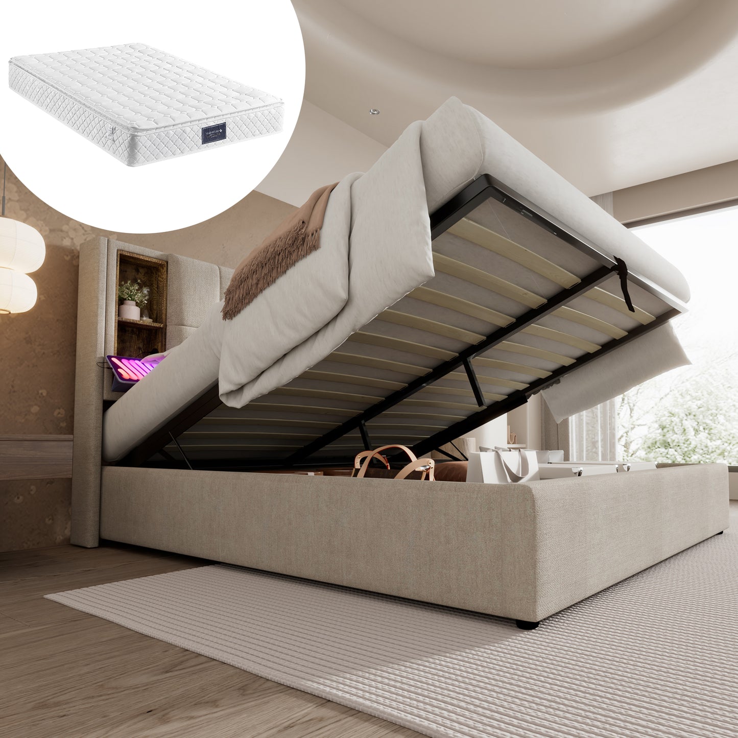 Double Bed With Wireless Charging USB C, Upholstered Bed Bed Frame 160x200cm, Bed Frame With Storage Slatted Base Made Of Wood-natural Linen