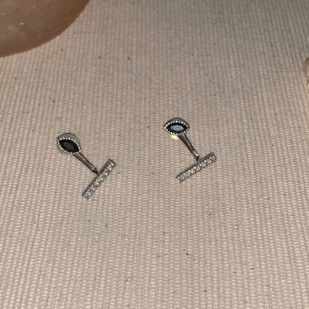 1 Pair 999 Sterling Silver Marquise Black Zircon Convertible Stud Earrings, Minimalist & Elegant, Perfect For Daily, Dating & Business, Ideal Valentine's Gift