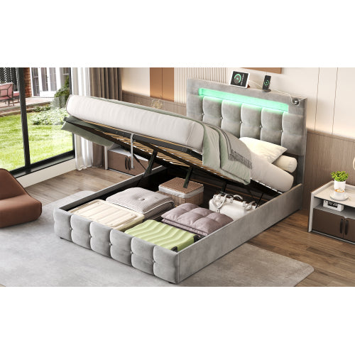 4ft6 Double Upholstered Bed Frame With Hydraulic Storage, Velvet Ottoman Bed With LED Lighting And Charging Station, Double Bed With Adjustable Button Tufted Headboard, Beige
