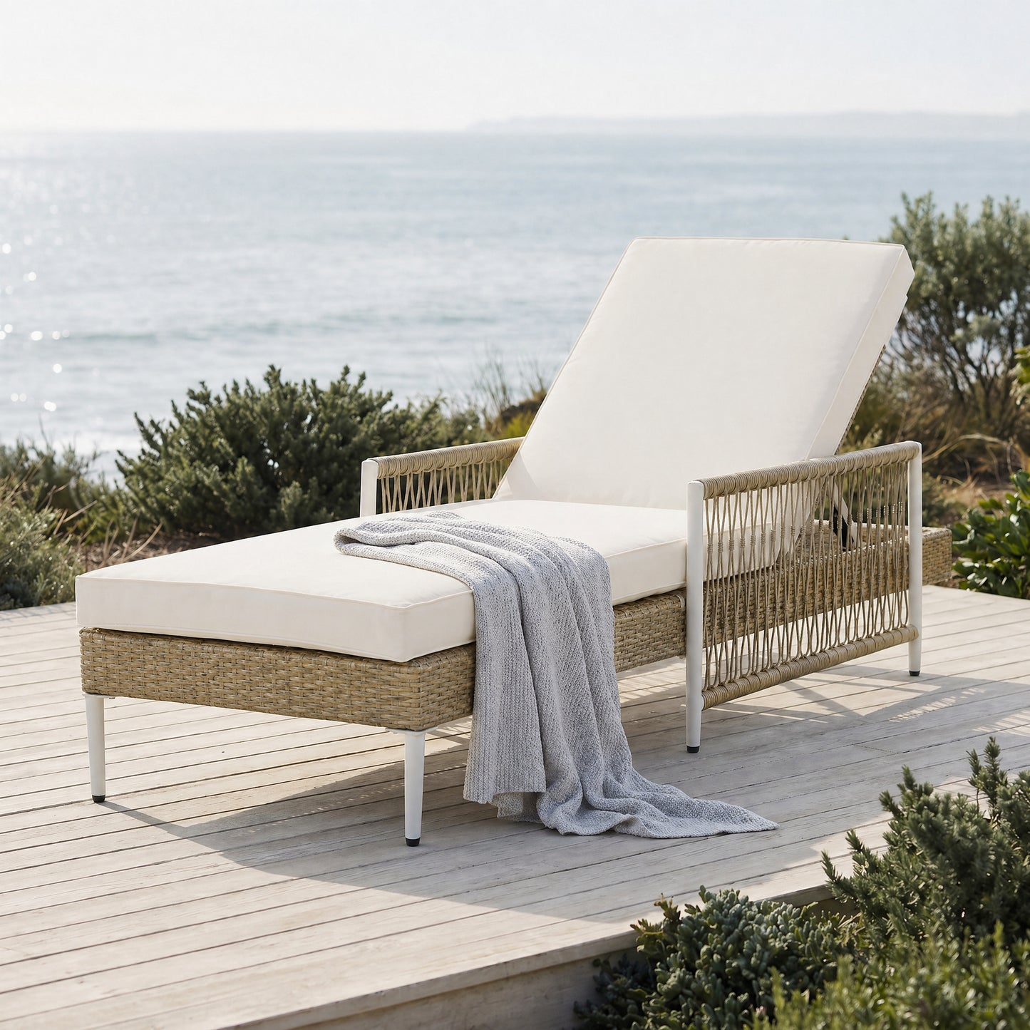 TOPMAX Outdoor All-Weather PE Rattan Chaise Lounge, Minimalist Patio Wicker Lounge Chair With 6 Gear Adjustable Recliner, Arms And Cushion For Poolside, Deck, Beige
