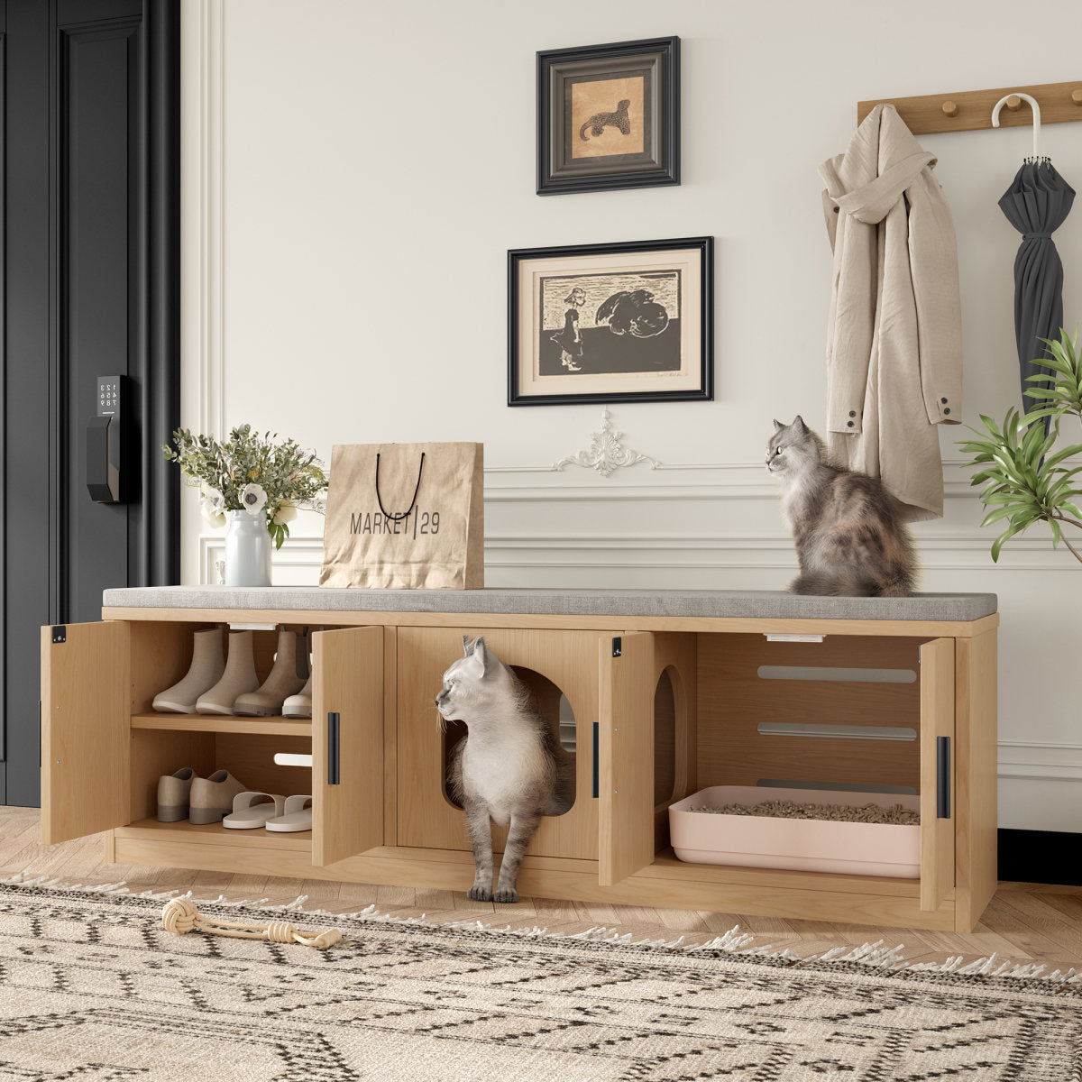 Hidden Cat Cabinet 140 X 40 X 45.5 Cm - Integrated Scratching Post And Ventilation, Pet Furniture For Hallway And Entrance Area, Multifunctional Cat Furniture, Pet House, Cat Toilet Cabinet, Pet Toile