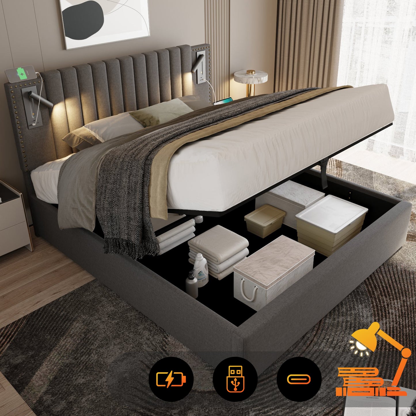Upholstered Bed 160x200,double Bed Storage Storage Bed Box,reading Light With USB Charging Function Headboard,backrest With Rivet Design,bed With Slatted Base And Bed Box, Cotton, Grey  Without Mattre