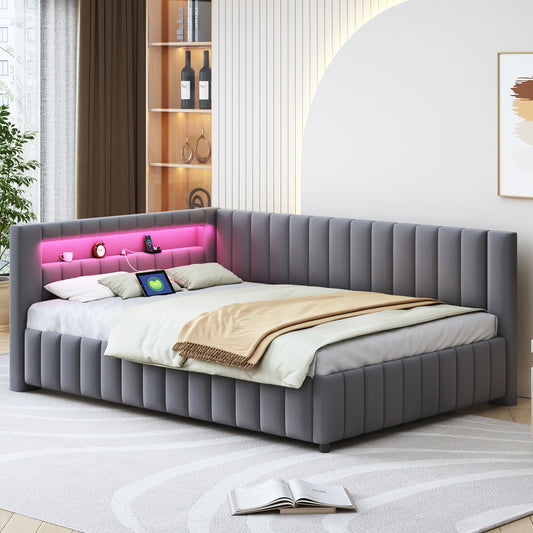 Upholstered Bed Sofa Bed 140x200, Upholstered In Velvet Fabric With LED Light And USB Charging Port, With Backrest, Headboard And Sturdy Bed Frame Grey
