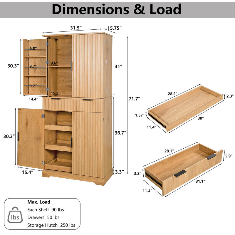 72in Fluted Kitchen Pantry Cabinet W 3 Keyboard Drawers & 6 Door Shelves Adjustable, Freestanding Cupboard Storage Cabinet For Bathroom Dining Room Office Entryway, Oak