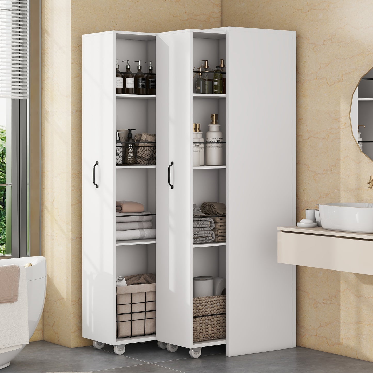 N880P3152289W  Expandable Bookcase With Castors - 4 Levels, Interchangeable Left And Right, MDF, 20 Kg Load Capacity Per Level, Can Be Used As A Shelf In The Bathroom, Kitchen Or Living Room, White