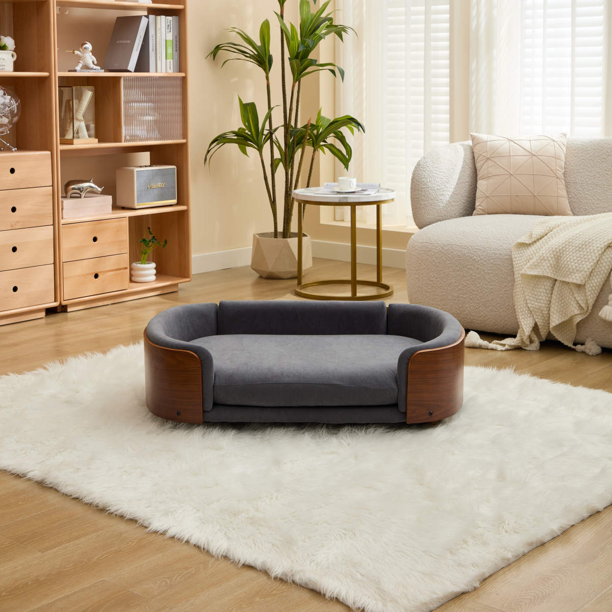 Scandinavian style Elevated Dog Bed Pet Sofa With Solid Wood legs and Walnut Bent Wood Back, Velvet,Large Size