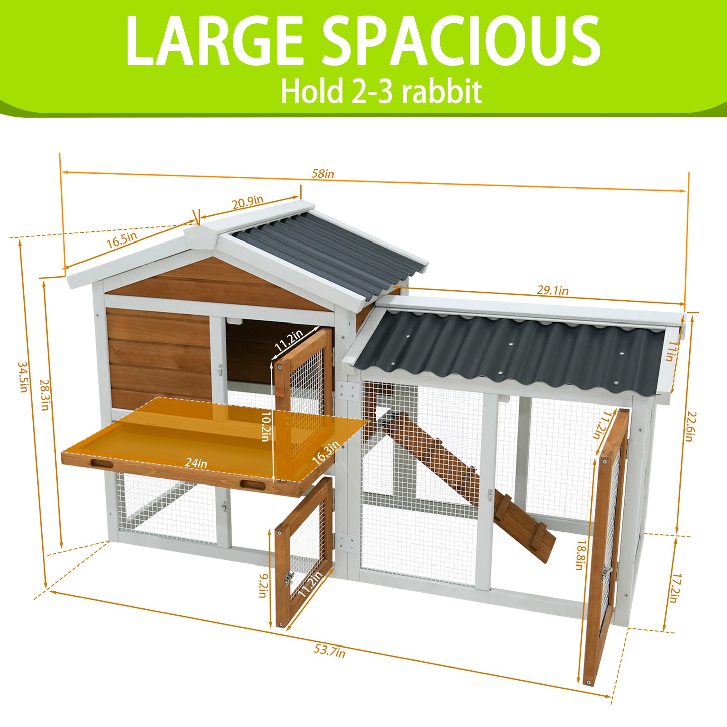 58  Wooden Outdoor Indoor Roof Waterproof Bunny Hutch Rabbit Cage Guinea Pig Coop PET House For Small To Medium Animals With Stairs And Cleaning Tray