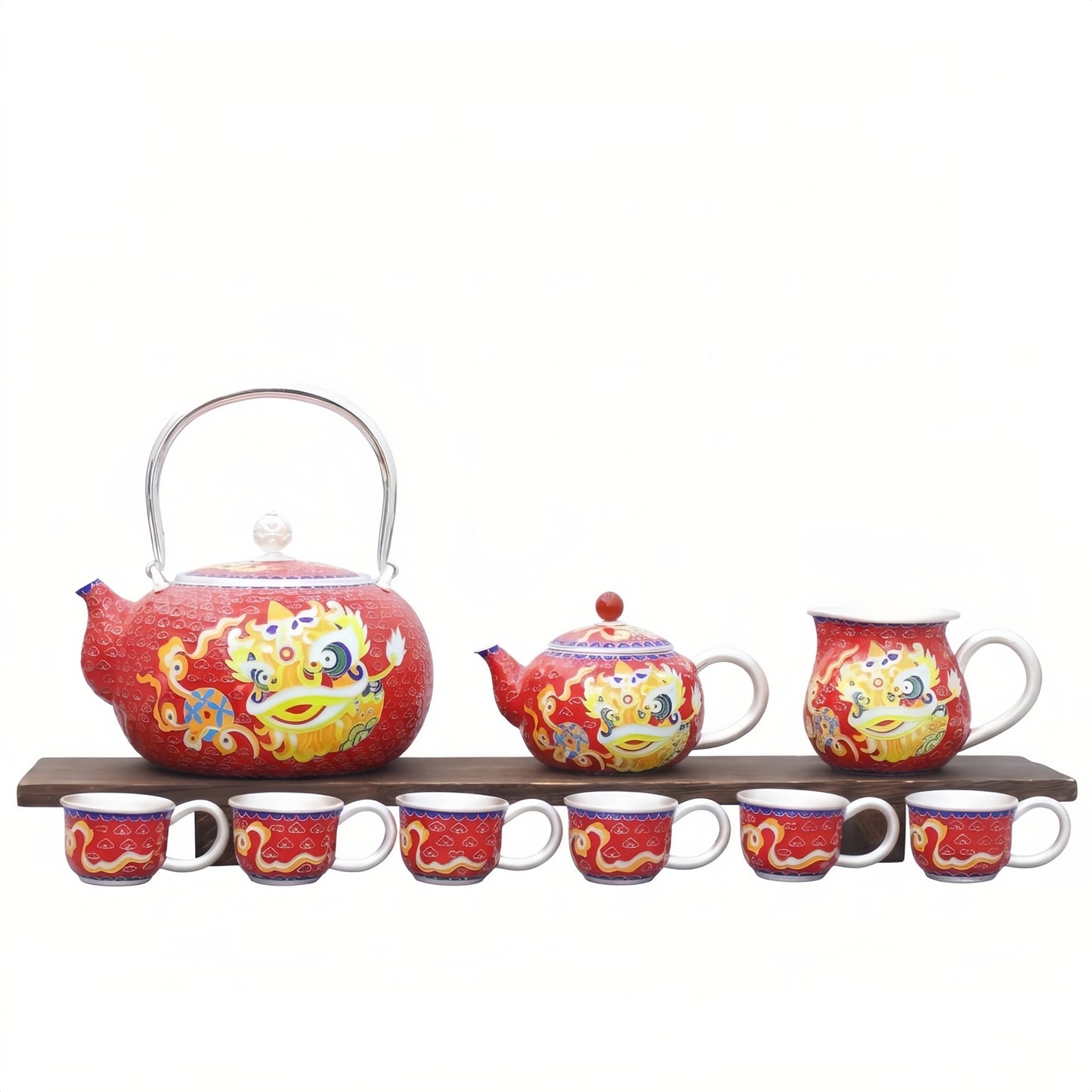 925 Sterling Silver Dragon Motif Tea Set: Traditional Red and Gold Ceramic Collection - Handicraft