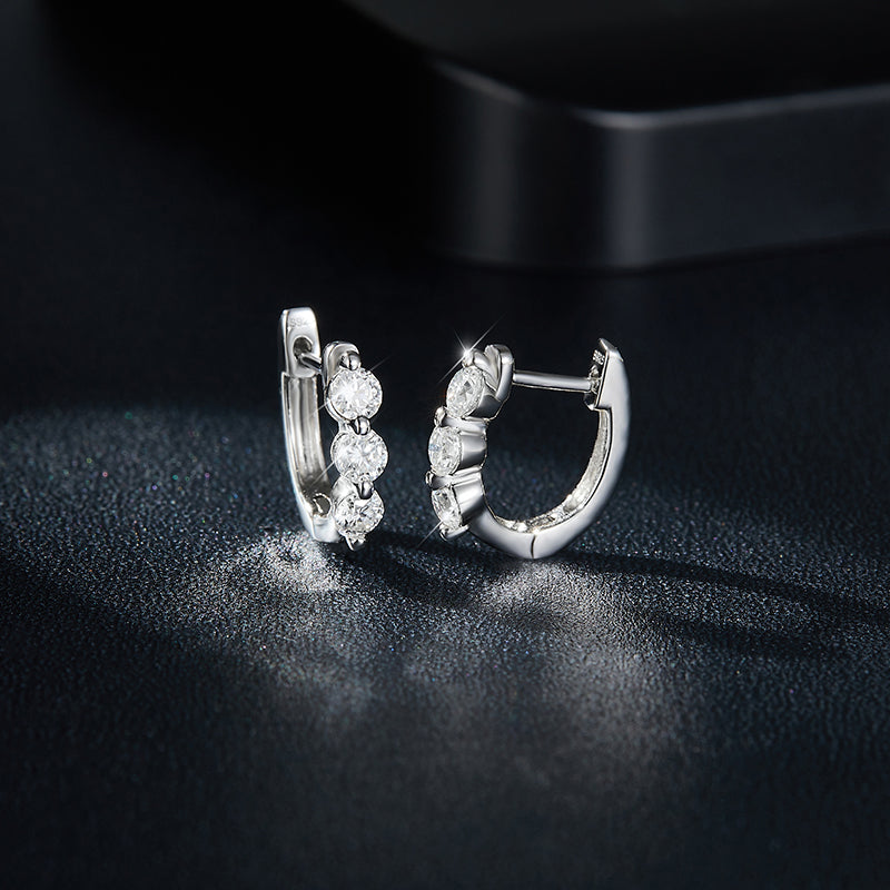 S925 Sterling Silver 3-Stone Moissanite Hoop Earrings For Women  Round Cut Huggie Hoop With GRA Certificate Platinum Plated Jewelry Gift Box Set