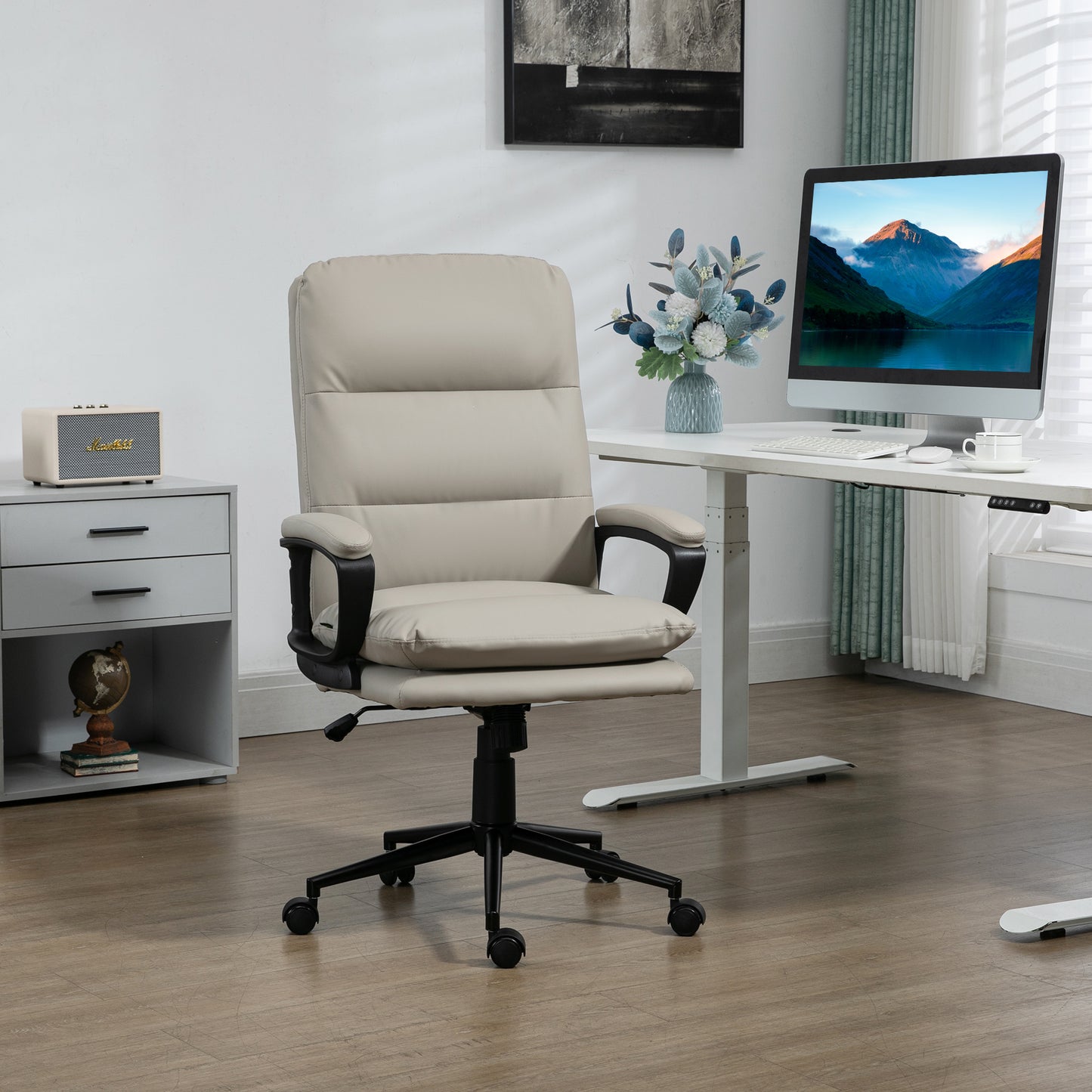Vinsetto Office Chair, PU Leather Computer Desk Chair Office Chair With Adjustable Height And Swivel Rolling Wheels For Work Study, Light Grey