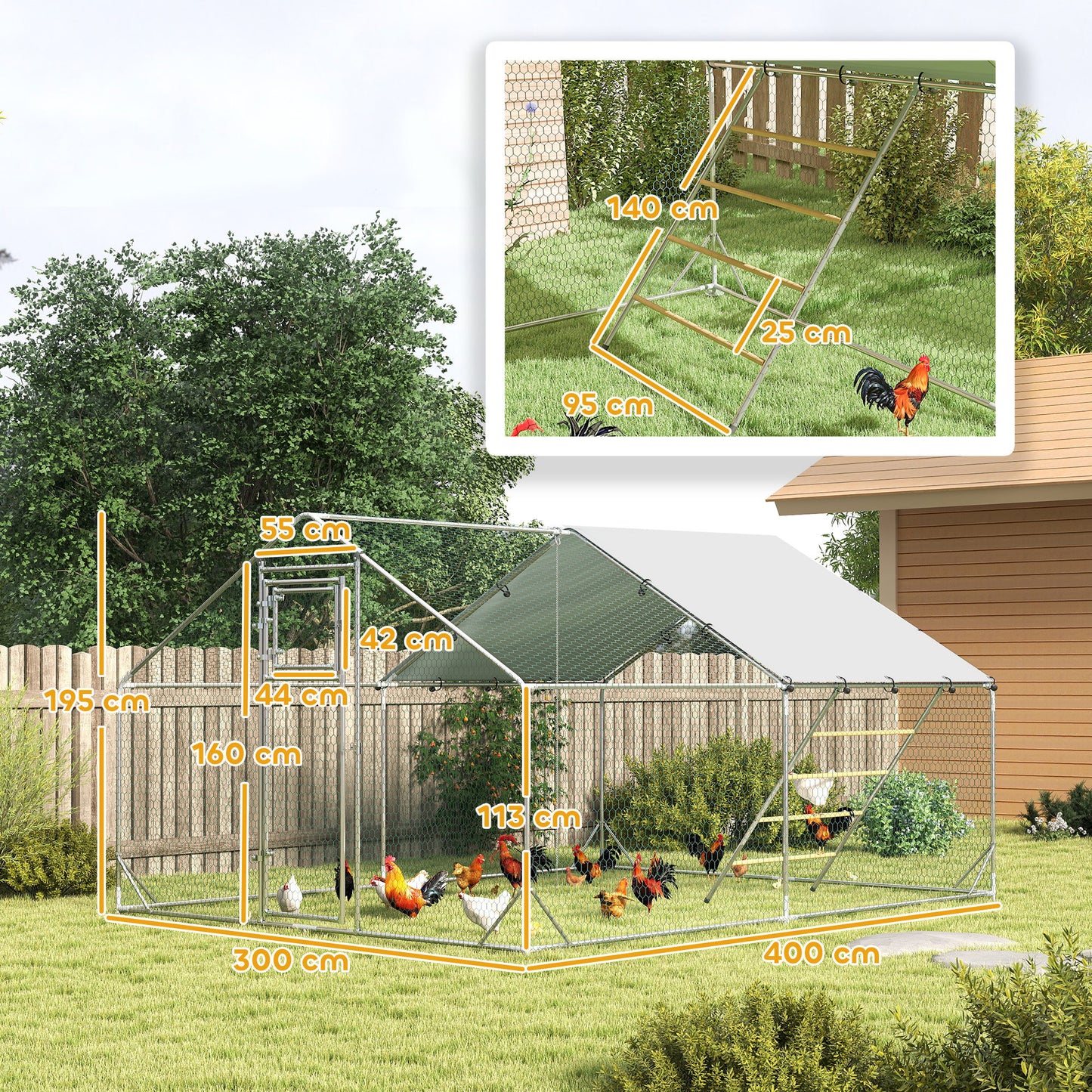 PawHut Walk-in Chicken Run W/ Cover, Feeding Door, Hanging Feeder, Perch, For 12-18 Poultry
