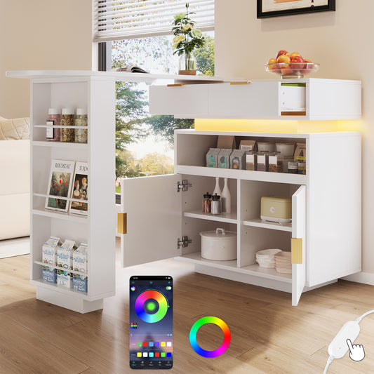 Extendable Bar Table  115-183 X 40 X 99 Cm , Extendable Kitchen Island, Bar Table With Storage Space, LED Lighting, 360  Rotation Function, Mobile Coffee Bar, Suitable For Kitchen And Dining Room, Whi