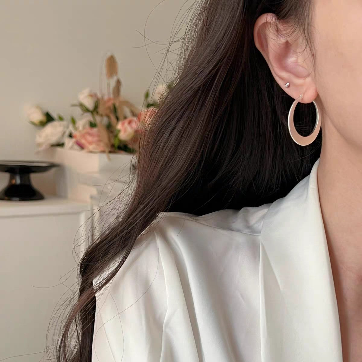 1 Pair 999 Sterling Silver Matte Large Hoop Earrings, Minimalist Style, Perfect For Daily Wear And Valentine's Gift