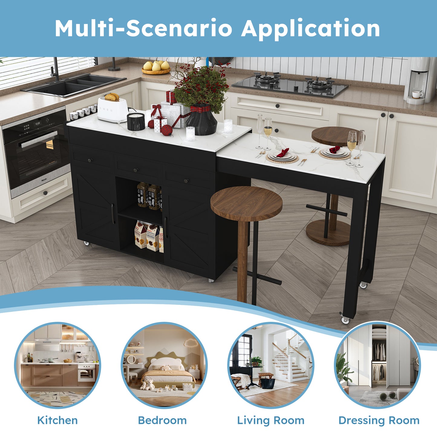 74.8 Kitchen Island With Extendable Dining Table  Marble Veneer Top & Built-in Power Outlet - Mobile Storage Cart With 3 Drawers & Cabinet  Rolling Kitchen Cart For Dining Room  Black