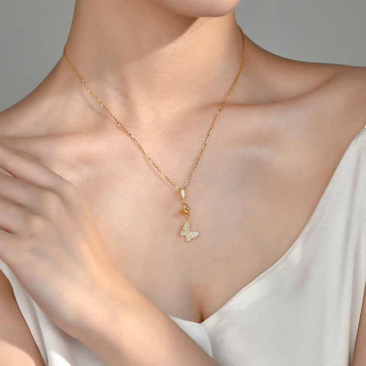 Japanese And Korean-style Light Luxury Full Rhinestone Tassel Butterfly Micro-inlaid Necklace