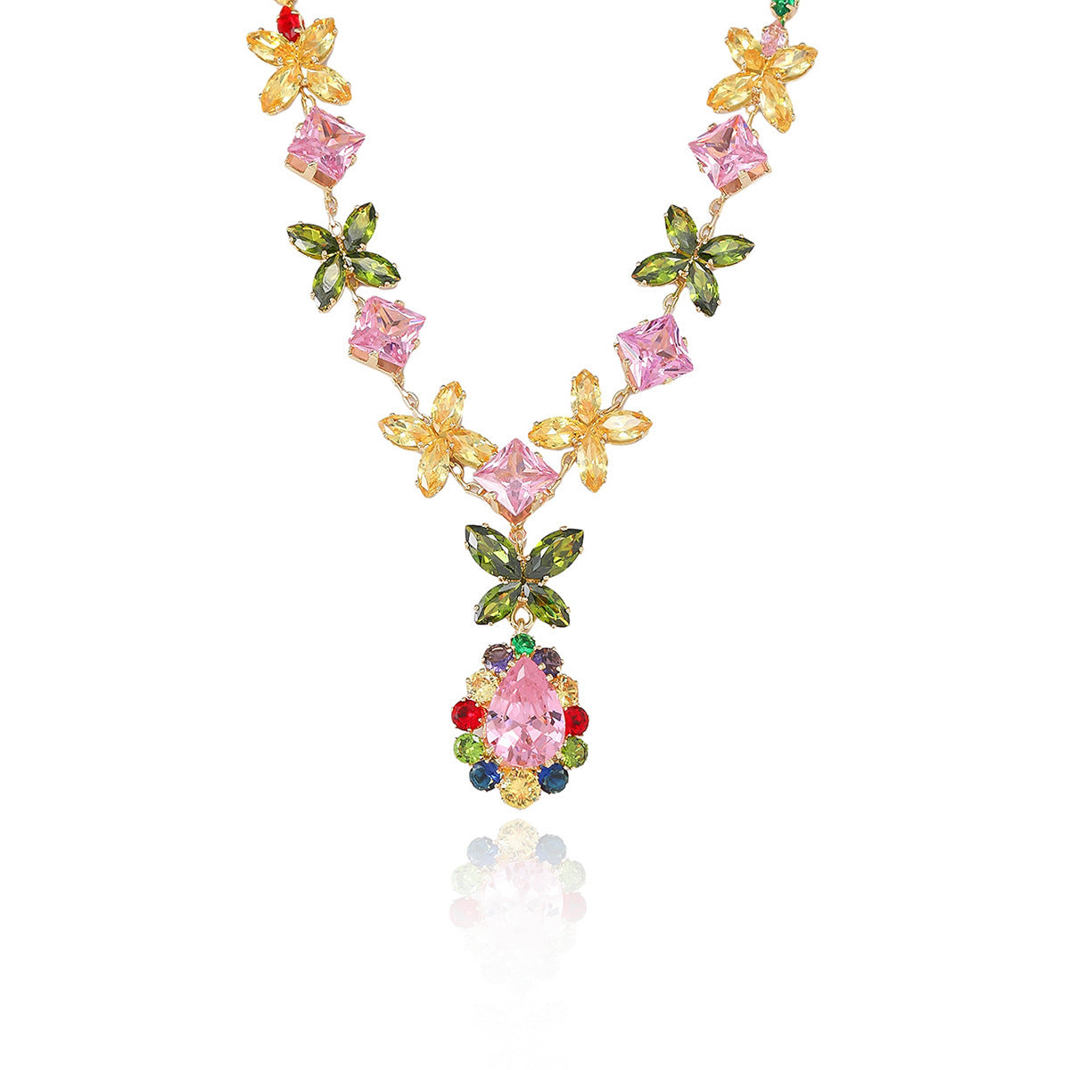European And American Cross-Border Dress Accessories With Necklace Set, Light Luxury Pink Zircon Earrings And Necklace Two-Piece Jewelry Set