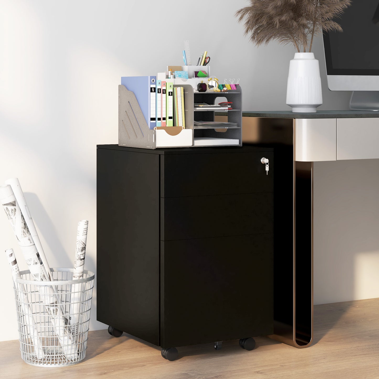 Vinsetto 3-Drawer Vertical Filing Cabinet With Pencil Tray, Lock And 5 Wheels, Steel Mobile File Cabinet, For A4, Legal And Letter Size, Pre-Assembled Body, Black