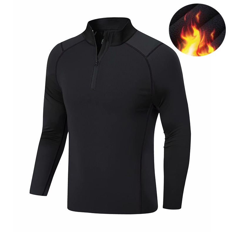 Mens Long-Sleeve Fleece-Lined Quick-Drying Tight-Fit Half-Zip Running And Fitness Apparel For Outdoor Use
