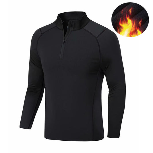 Mens Long-Sleeve Fleece-Lined Quick-Drying Tight-Fit Half-Zip Running And Fitness Apparel For Outdoor Use