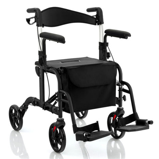 2-in-1 Rollator Walker & Wheelchair 300lbs 6-Level Adjustable Handles, 1-Hand Folding, Storage Bag Cane Holder For Elderly-Black