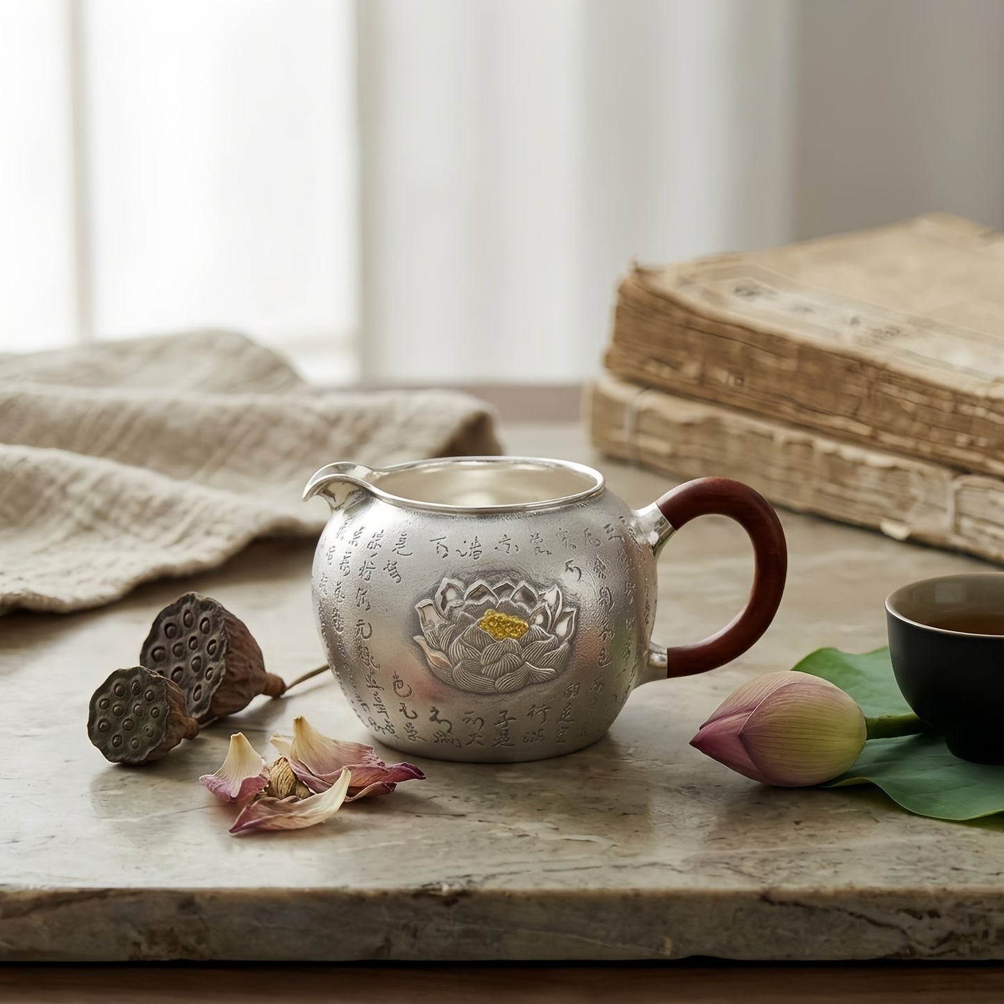 Pure 999 Fine Silver Handmade Silver Lotus Tea Pitcher with Wooden Handle and Engraved Calligraphy - Handicraft