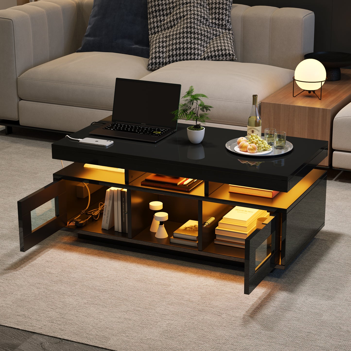100x50x43cm Black High Gloss Coffee Table, With LED Lights Controllable By Mobile App, Living Room Table With Cabinet, Sofa Table With Charging Port And Socket, Suitable For Office, Study
