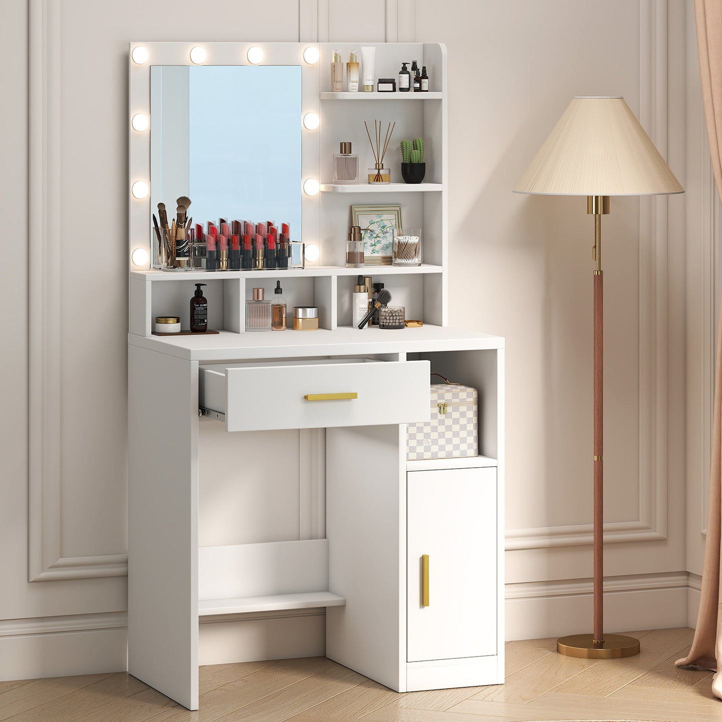 Vanity Desk With Mirror Makeup Desk With 10 Dimmable Bulbs Drawers Cabinet Shelves Stool 3 Color Adjustable Lighting For Dressing Room