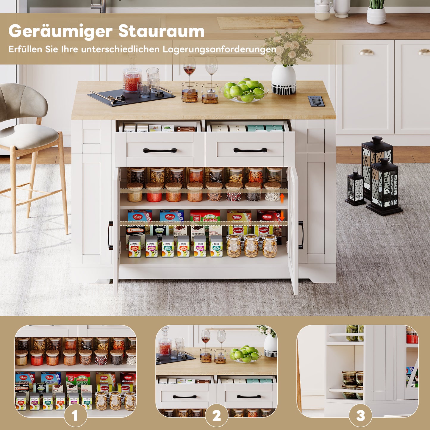 120cm Portable Kitchen Island With Folding Dining Table, Open Shelf, AC Port, USB Port, Glass Door, Adjustable Laminate, Casters With Brakes For Kitchen, Dining Room, Living Room And More.