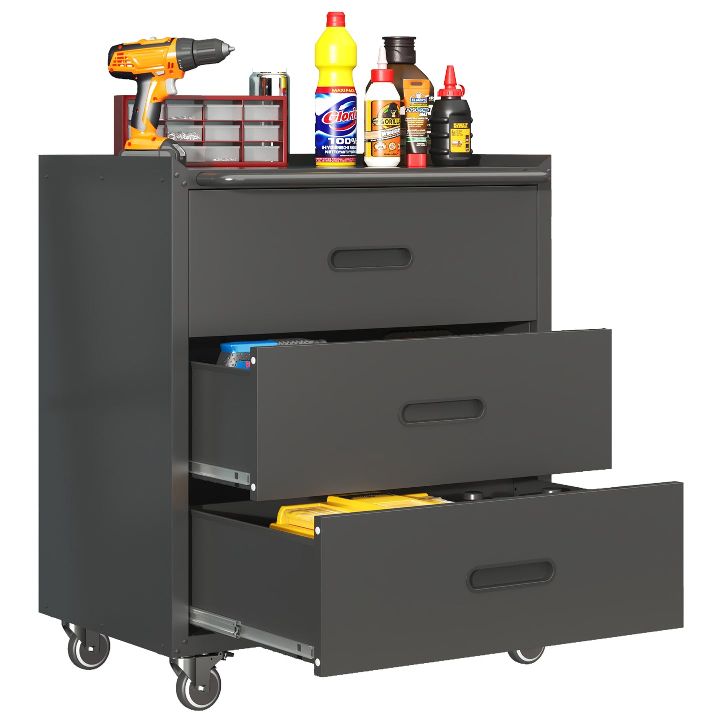 Heavy-Duty Metal Storage Cabinet With Wheels - 3 Drawer Tool Cabinet For Garage, Office, And Home Organizer Solutions, Black Gray