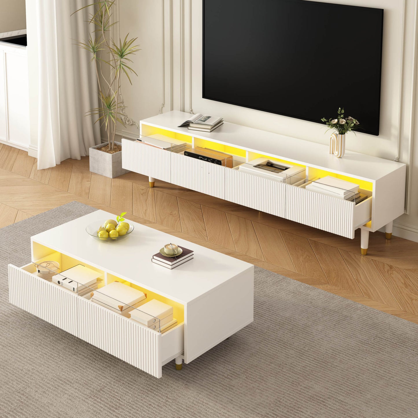 Modern LED Furniture Set Four-door TV Stand And Coffee Table With Two Drawers  White With Gold Design, LED Lighting, Wave Texture And Acrylic Fronts For A Stylish Living Style
