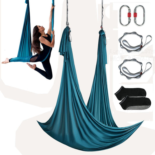 Aerial Yoga Hängematte Set 5 X 2,8 M, Grün Aerial Yoga Swing Air Fliegen, Yoga-Schaukel Hammock Swing 1000 Kg Max. Tragfähigkeit, Inkl. Yoga-Socken & Stahlkarabiner, Anti-Gravity-Übungen